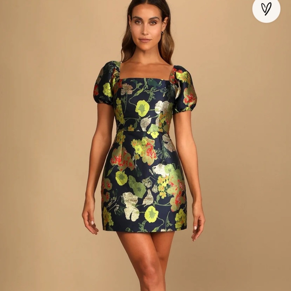 Navy Blue Floral Jacquard Puff Sleeve Mini Dress